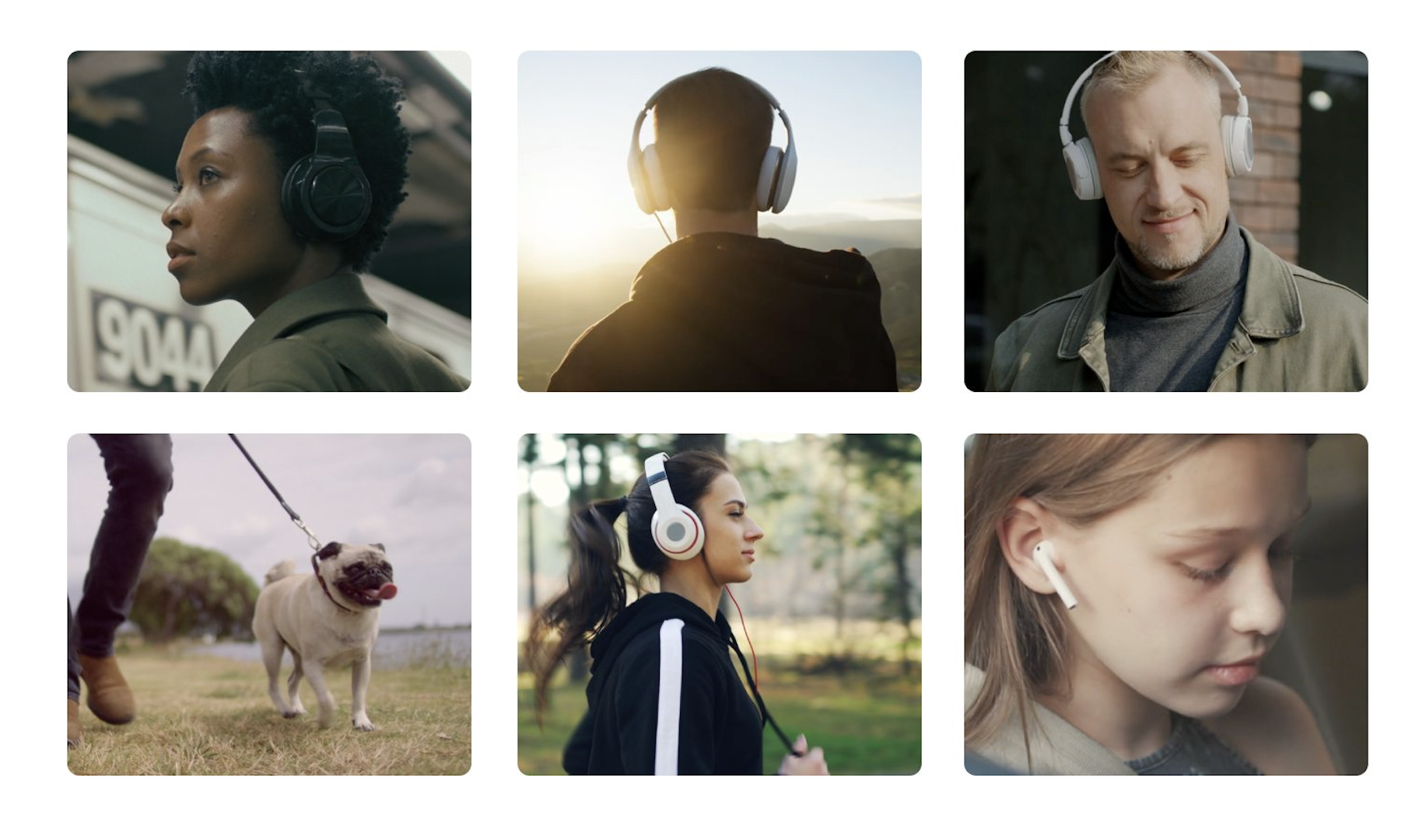 People listening to audio while commuting, exercising, relaxing, and walking a dog